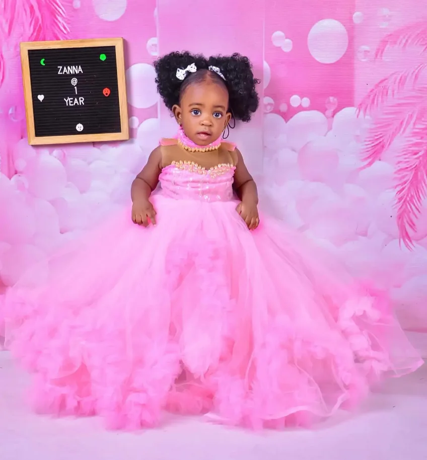 

Pink Flower Girl Dress For Wedding 3d Ruffles Pearls Puffy Ball Gown First Communion Dress Birthday Party Gowns