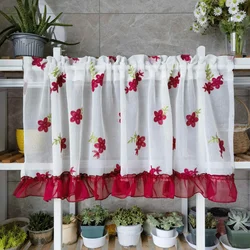 Cortina de tule bordada curta floral vermelha para cozinha, quarto, sala de estar, porta, janela, decoração de casa, meia cortina