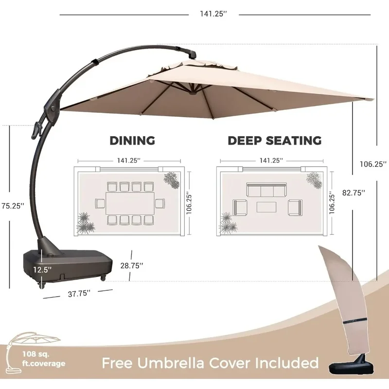 

9 x 12 ft Rectangular Cantilever Umbrella with Base and Cover for Outdoor Patio and Deck