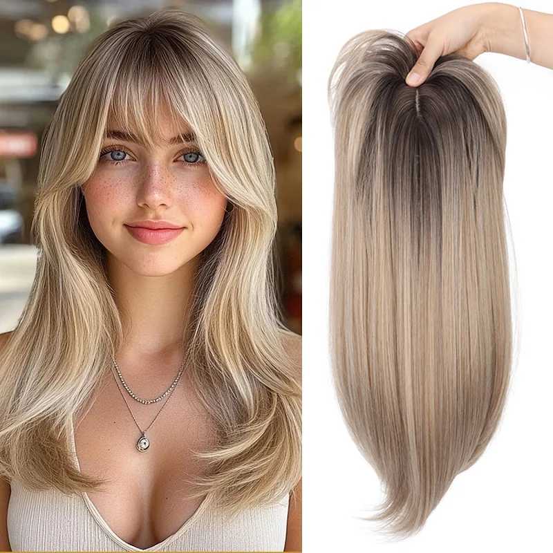 20Inch Synthetic Hair Topper With Bangs 3D 360° Cover Fluffy Toppers Long Straight Thinning Hairpieces for Women