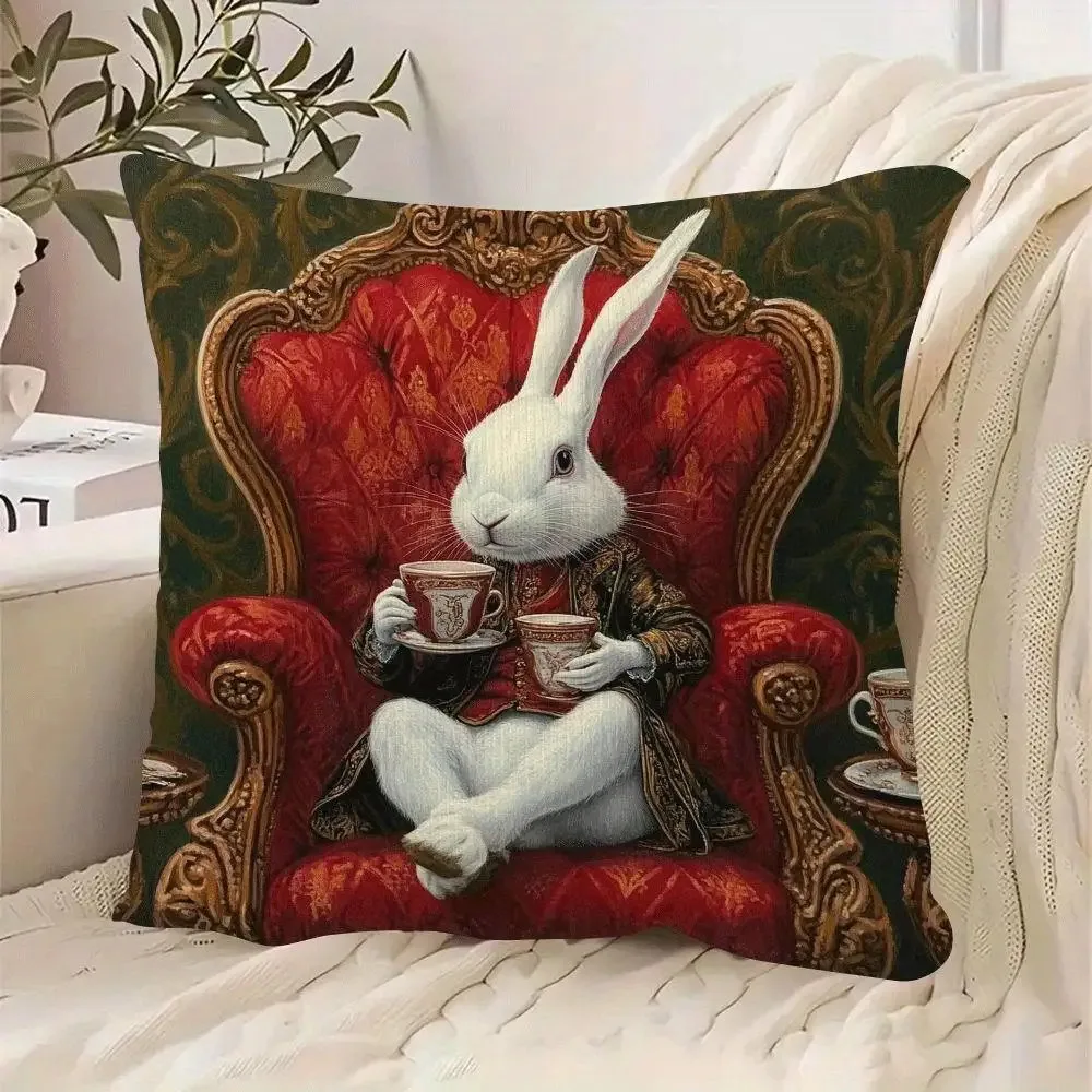 1pc Vintage Gentleman Rabbit Tea Time Throw Pillow Cover,Suitable for Sofa,Bedroom,Living Room,A Retro Gift for Rabbit Lovers