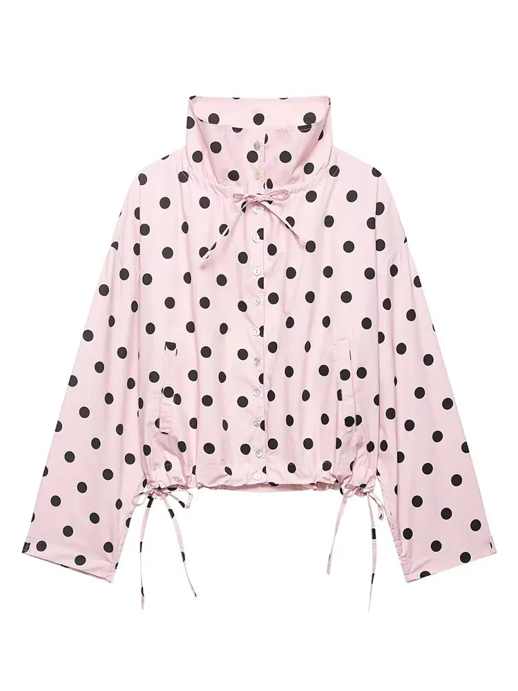 HH Women Casual Loose Long Sleeve Turtleneck Coats 2026 New Fashion Female High Street Polka Dot Pink Jackets