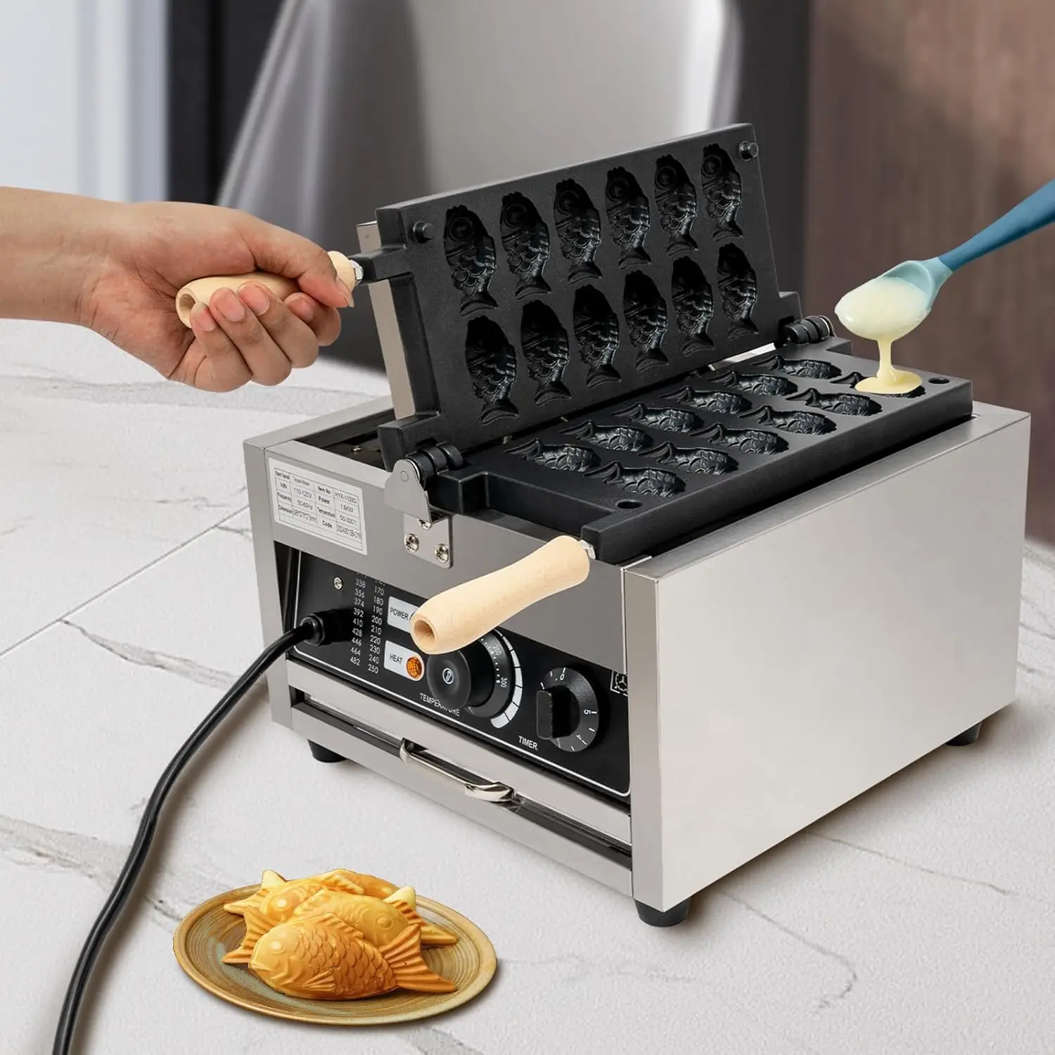 Taiyaki-máquina para hacer gofres de pescado, 12 Uds., Mini molde en forma de pez, panadero de 1800W, máquina comercial antiadherente para hacer gofres para restaurante y aperitivos