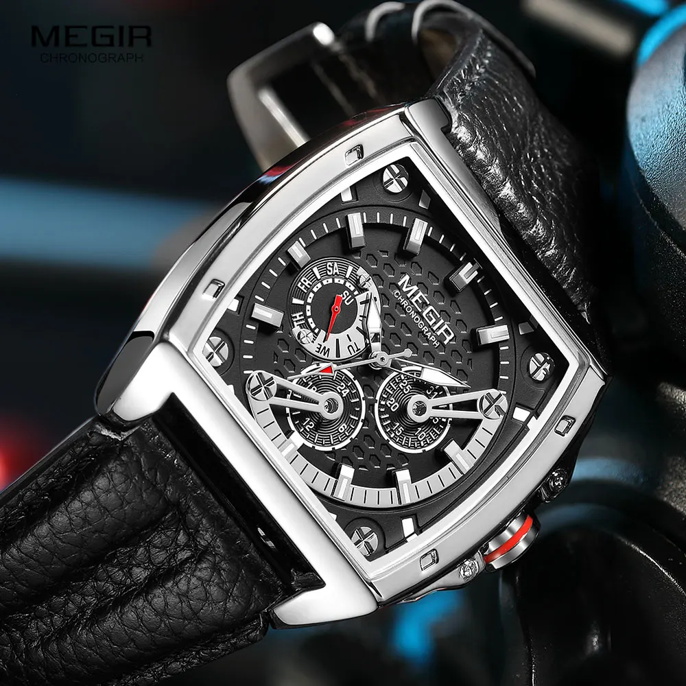 MEGIR Fashion Watch for Men Leather Strap Casual Quartz Watches Date Week 24 Hours Tonneau Dial Waterproof Luminous Wristwatch