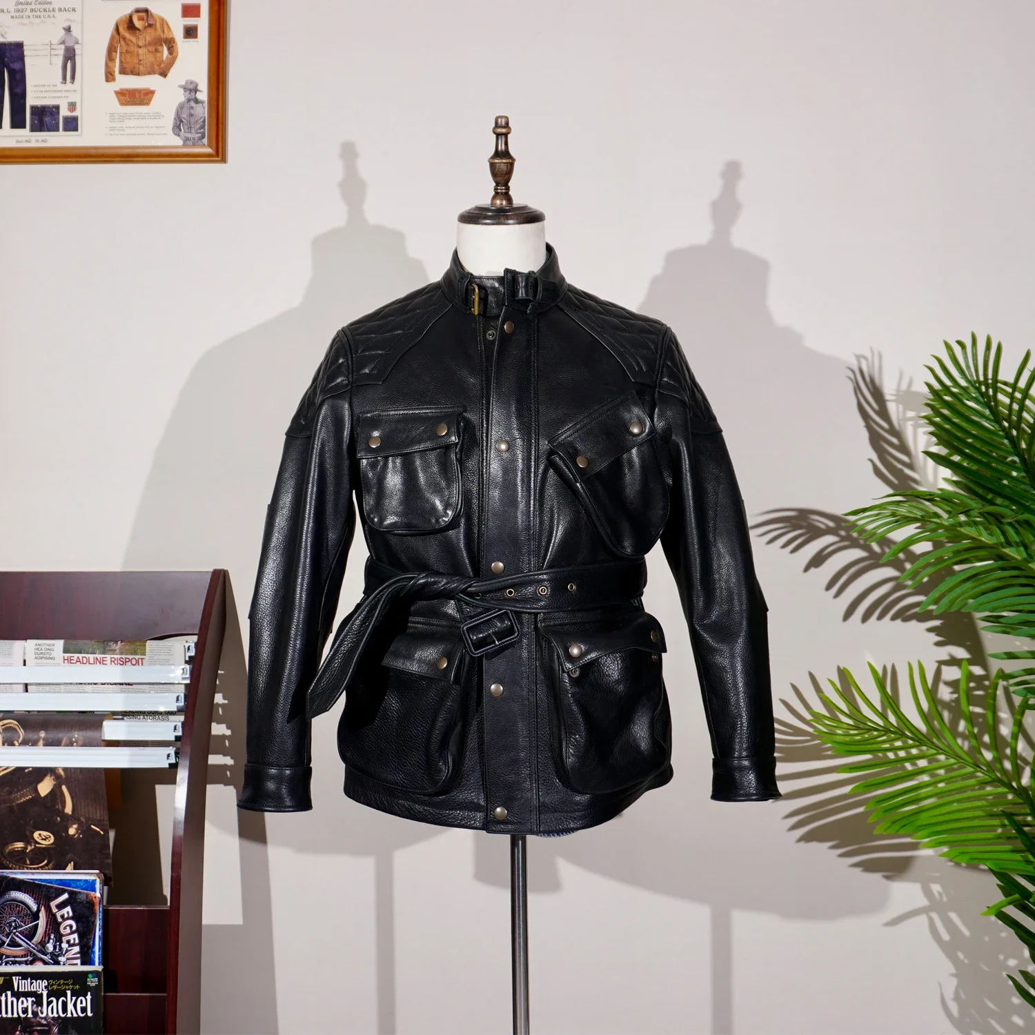 Tailor Brando Replica La*f Lauren RL Hunting Biker Multi-Pocket Full Grain Cowhide Leather Jacket Jacket Riding Tough Slim