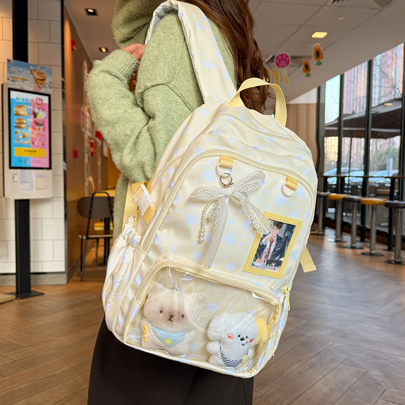 Women's Star Print Backpack Clear Display Pockets Lace Bow Charm Adjustable Strap Casual Daily Itabag School Bag 2026
