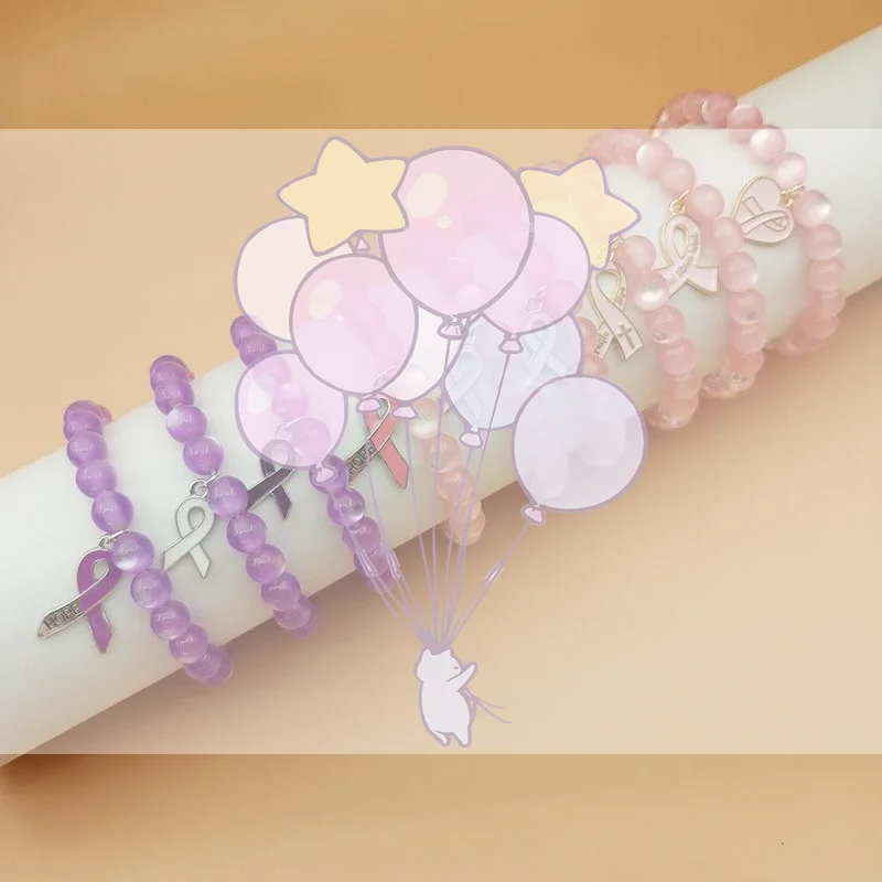 1Pcs Breast Cancer Awareness Stretch Beaded Bracelet Pink Ribbon Decor for Public Welfare Events Women Gift Daily Wear