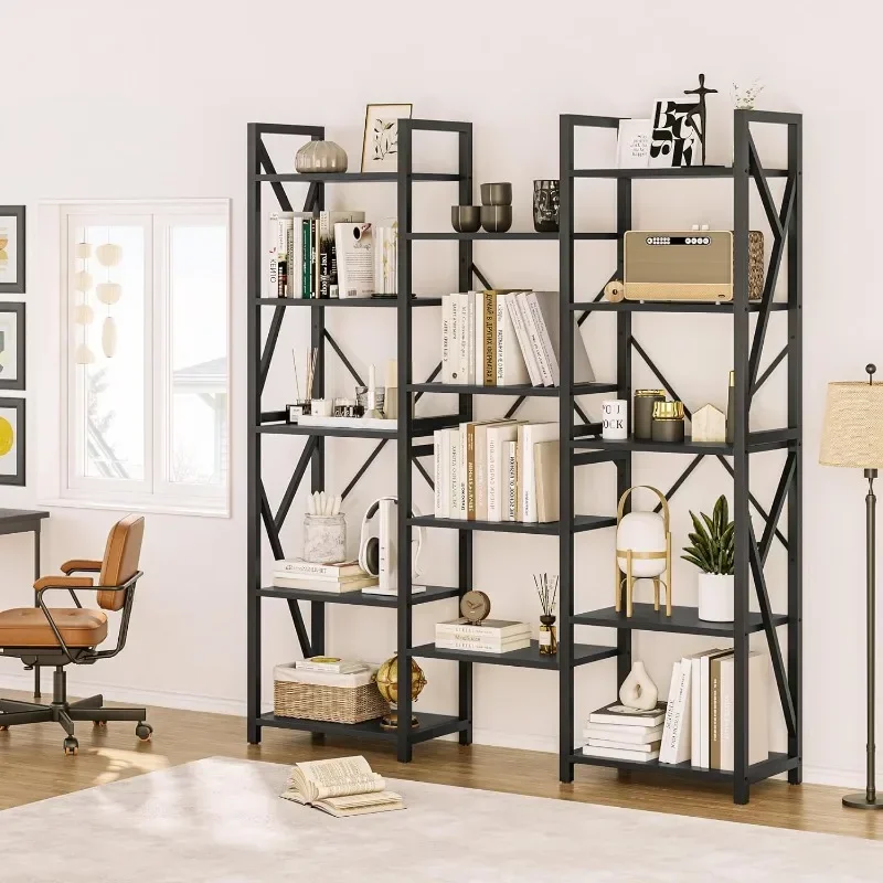 IDEALHOUSE Triple Wide 5 Tier Book Shelf Tall Bookshelf with Open Display Shelves Industrial Large Bookshelves and Bookcases