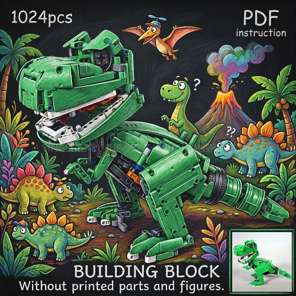 

Green Mechanical T-Rex Dinosaur Articulated Technic Style MOC Block Model