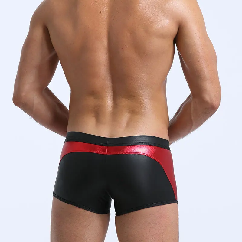 Men Underwear Shiny Imitation Leather Color Matching Boxers High Elastic Low-Rise Underpants Sexy U Convex Pouch Boxer Knickers