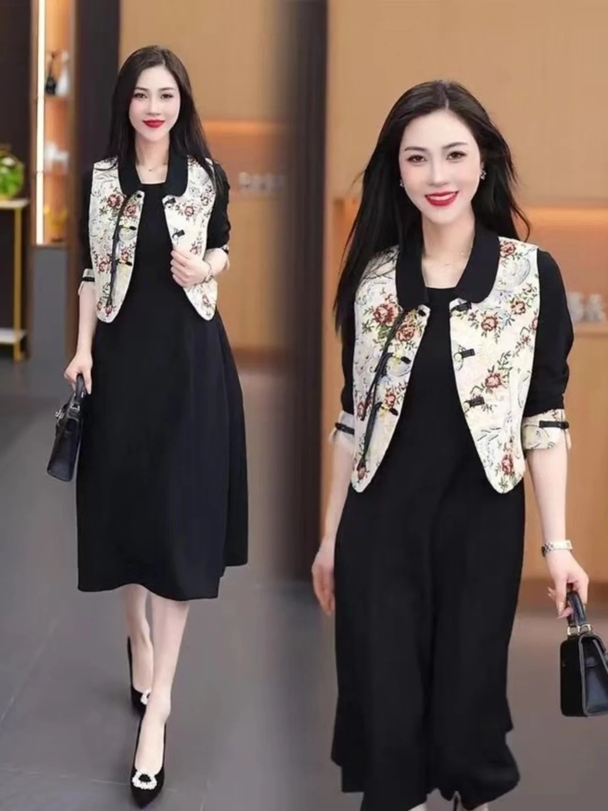 Spring Autumn Fashion Mommy Chinese Style Button Dress Two-Piece Set Mid-Length Skirt for Middle-Aged Women Traditional Natio...