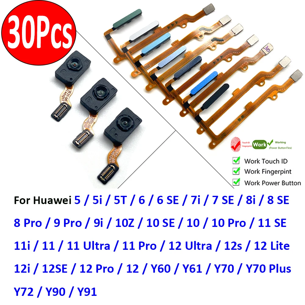 30Pcs，Fingerprint Sensor Connector Home Return Key Menu Power Button For Huawei 6 7 9 10 11 se 7i 8i 8 Pro 10Z 11i 12i 12 Ultra
