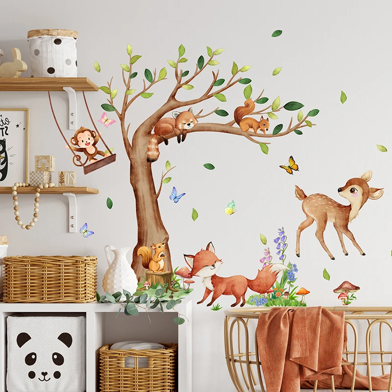 Forest Animals Large Tree Wall Sticker Monkey Fox Deer Kids Room Children Decals Nursery Home Room Décor Poster Mural Wallpaper