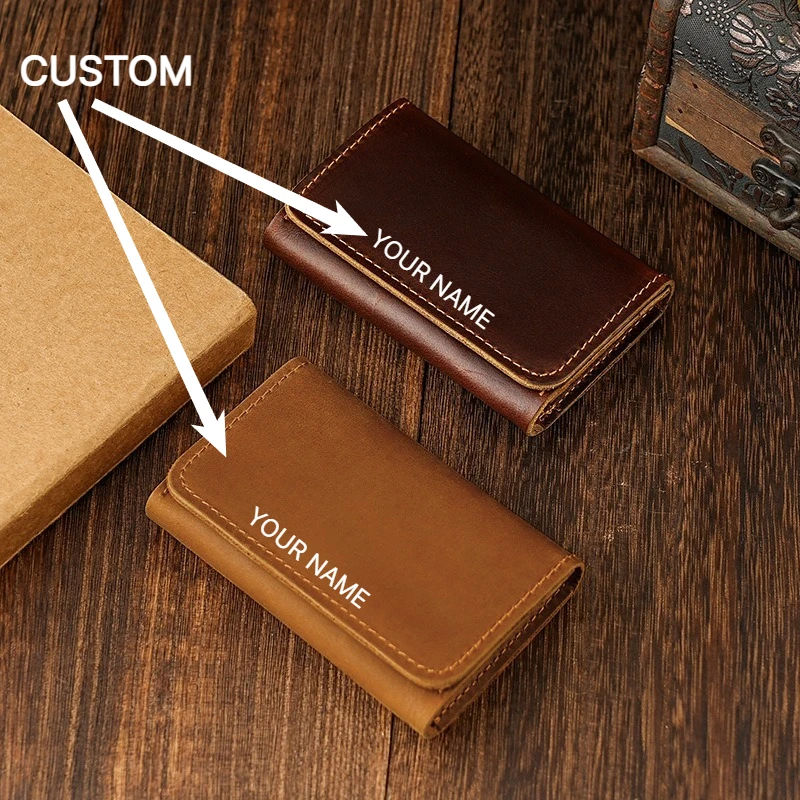 Vintage Leather Card Holder Wallet Men Women Crazy Horse Top Grain Cowhide Credit Case Business Slim Pocket Custom Engraving