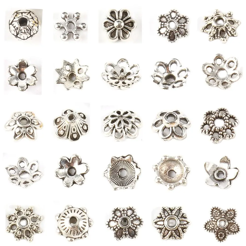 Antique silver color Charms Hollow Open Filigree Flower End Beads Cap Jewelry Making For Needlework Diy Handicrafts Accessories