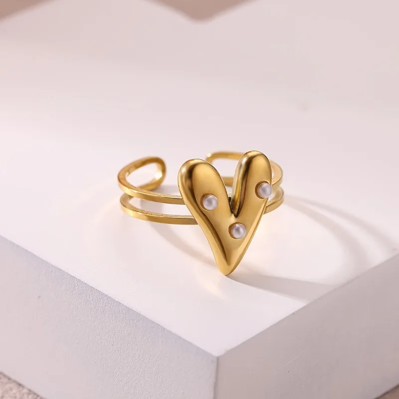 Fashionable and Simple Heart-shaped Style Imitation Pearl Double-layer Open Ring, Suitable for Daily Party Jewelry Gifts