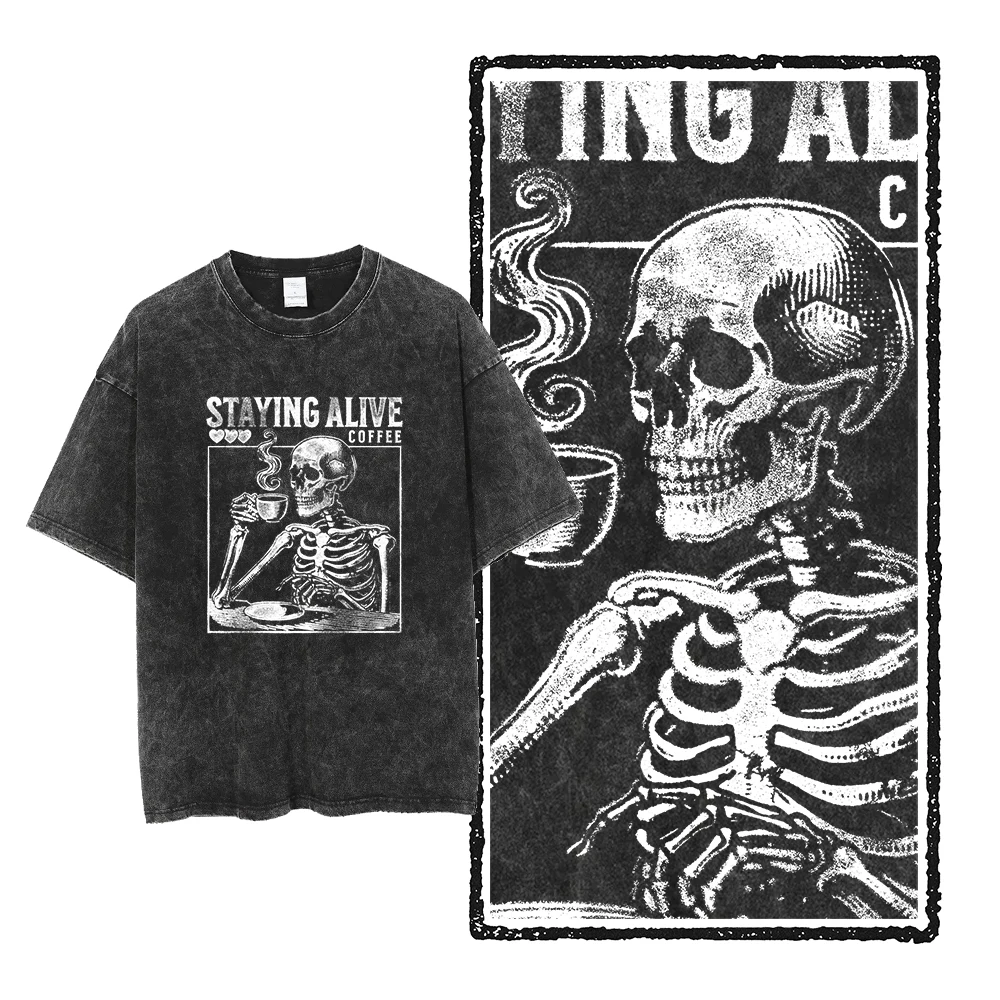 Coolmind U0020 100% Cotton Acid Washed Skull Print Men T Shirt Exclusive Graphic Streetwear Vintage Men Tshirt Tee Shirts