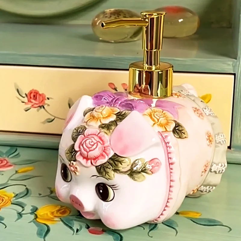 Charming Ceramic Pig Soap Dispenser Embossed Rose Design Cute Lotion and Shampoo Bottle for Exquisite Bathrooms