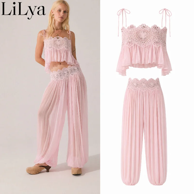 Fashion See Through Lace Vest Pant Set Women Beach Sling Tops Pleated Straight Pants Summer Vacation Hollow Out Lady Pant Set