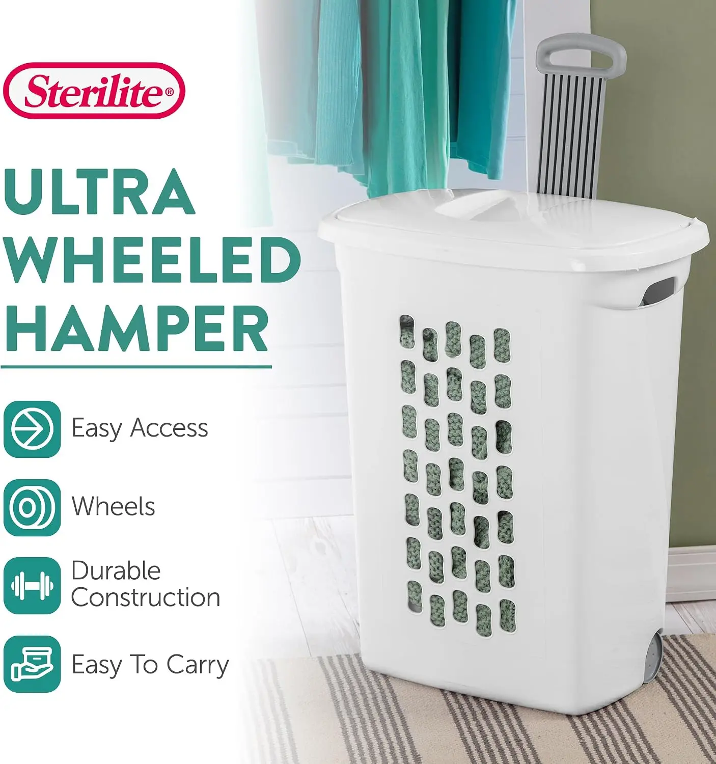 Ultra Wheeled Hamper, Laundry Basket w/ Flip-Top Lid, 3-Pack, White