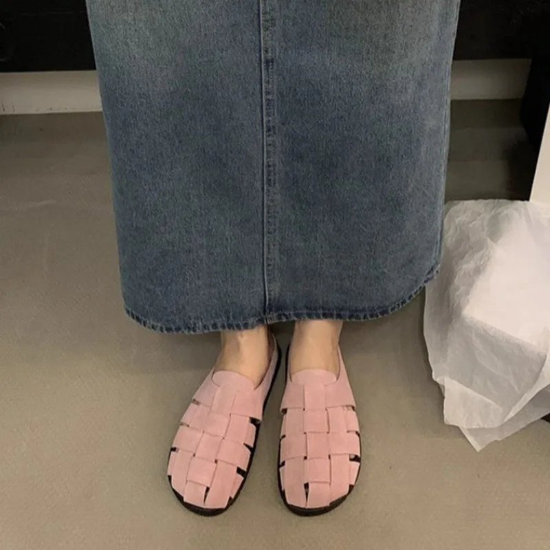 Flat Baotou Half Slippers Women Shoes Summer Casual Shoes Indoor Outside Wear 2024 New Retro Weaving Hollow Roman Mules Slides