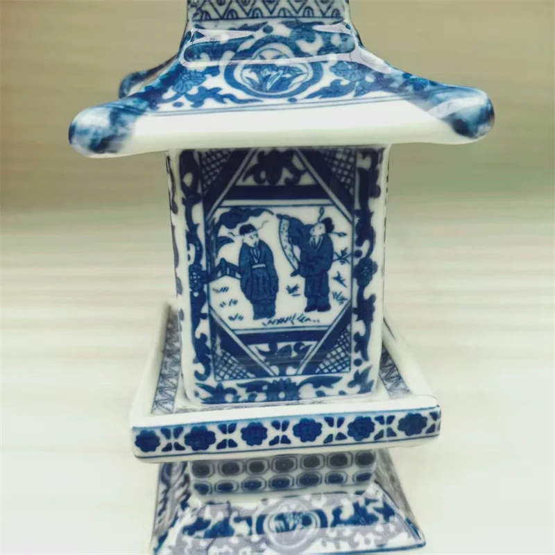 China Old Porcelain Tower Shaped Jar Blue And White Figure Patterned Storage Jar Antique collection Oriental Home Decor