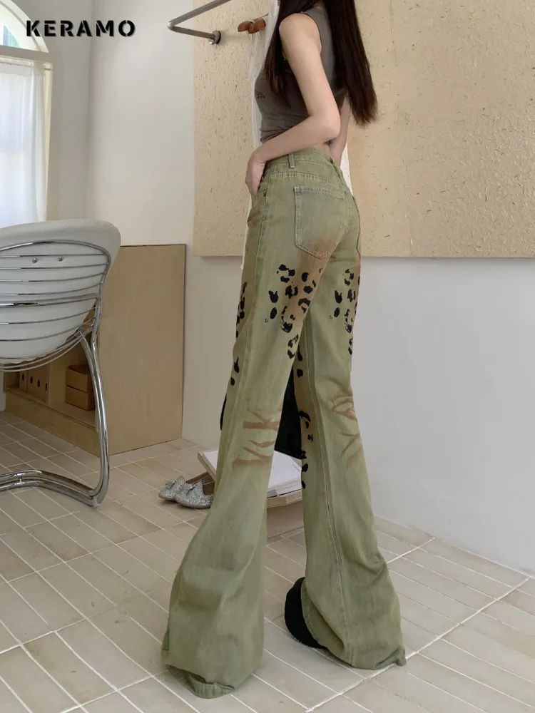 Harajuku Sheath High Waist Flared Jeans 2024 Summer Female Retro Y2K Pants Women's Vintage Slim Fit Printting Denim Trouser