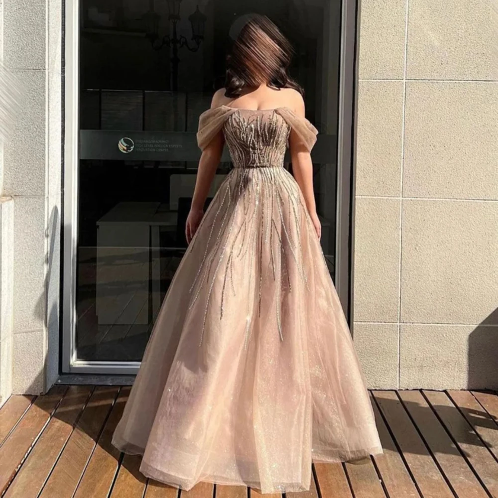 

Customized Off the Shoulder Sequined Champange Sexy Tulle Evening Dresses Beading A-line Backless Floor Length Party Gowns