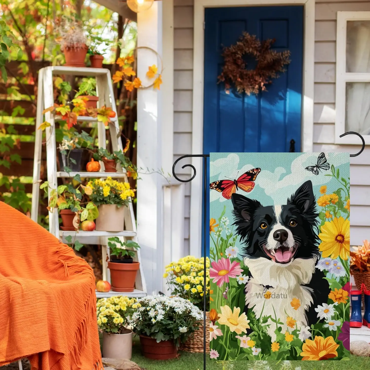 Funny Border Collie Welcome Spring Daisy Flowers and butterflies Garden Flag 12x18 Inch Double Sided Burlap Outside, Seasona UUX