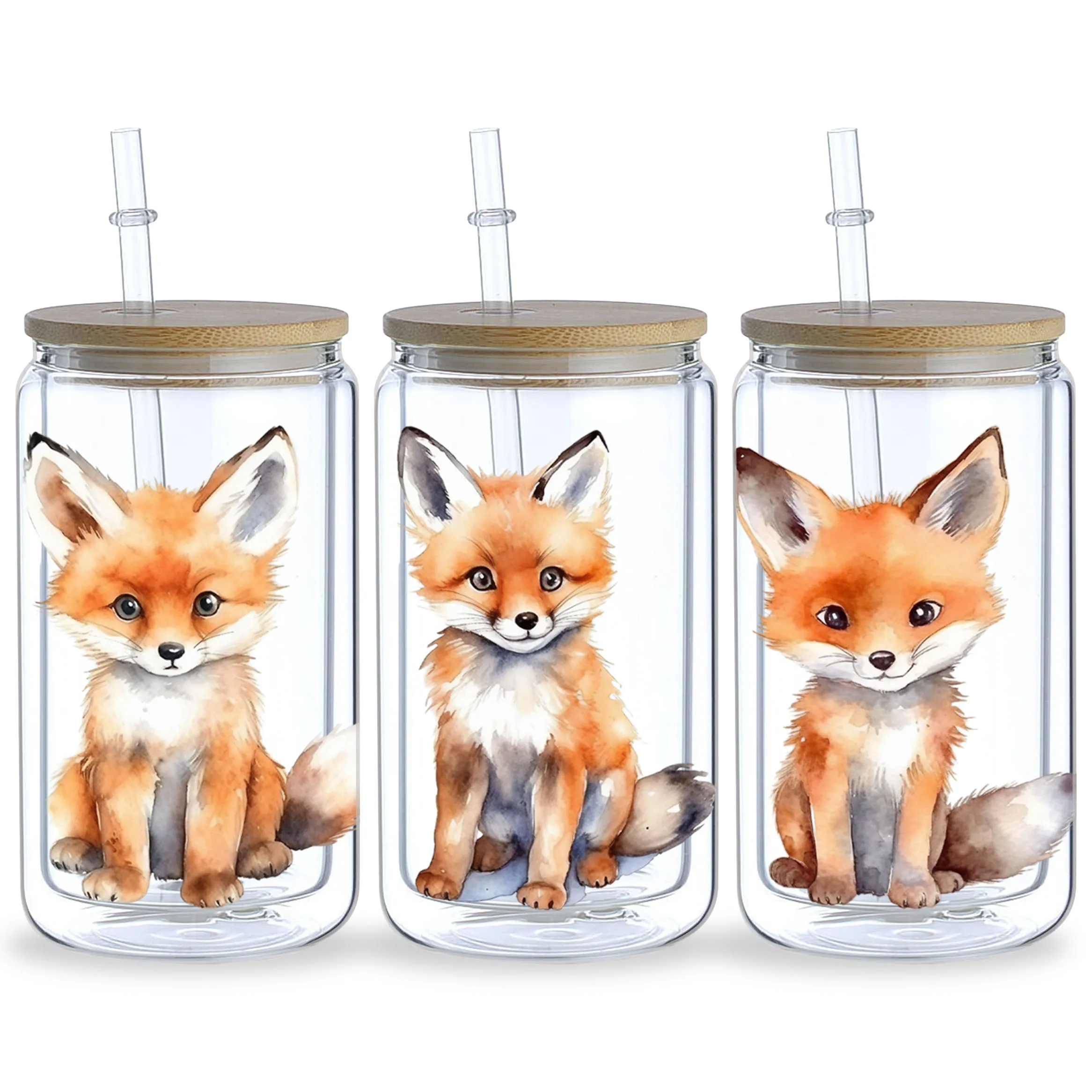 5 Sheets Fox UV DTF Mug Stickers, Glass Sports DTF Transfer Stickers, Waterproof Cute Fox Wipe-On Transfers for 16 oz Glass,Mugs