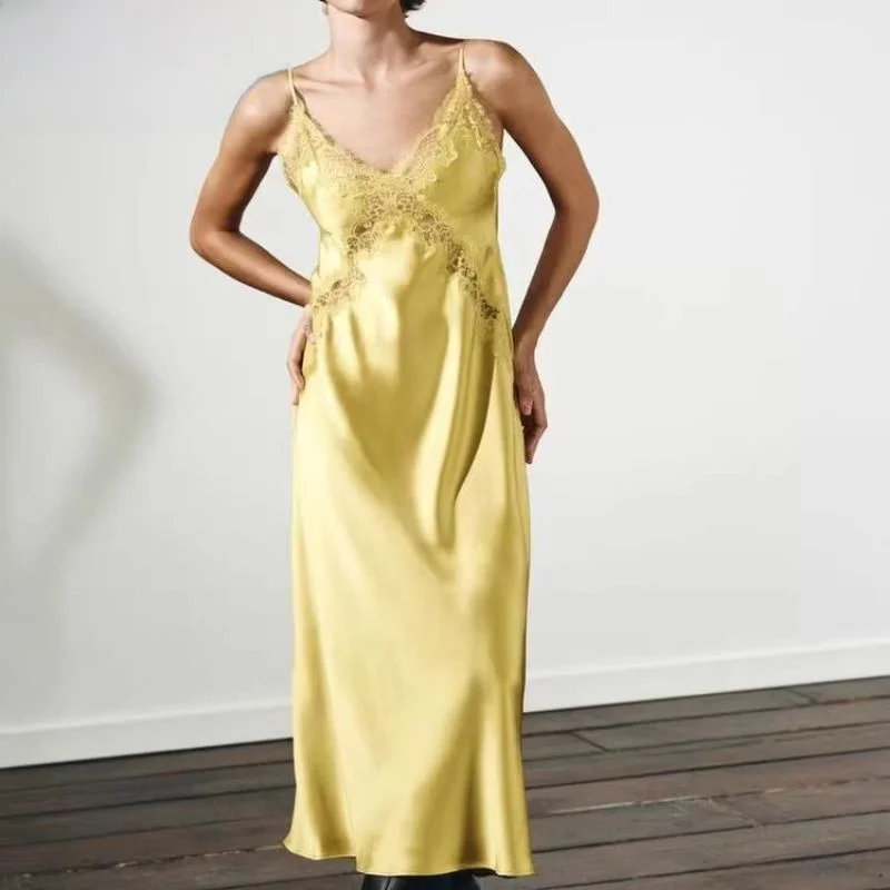 

New Autumn Silk Satin Texture Midi Dr Sexy High Waist Zipper Bal A-Line Gown for Casual Wear V-Ne No Sve
