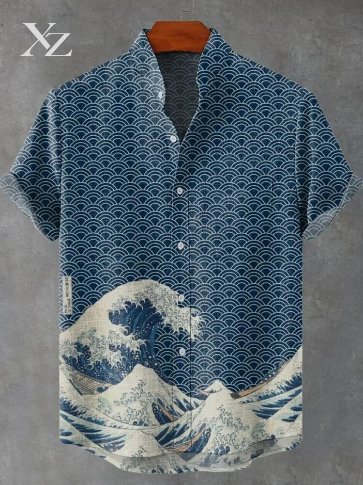 Men's Short Sleeve Moon and Sea Waves Art Print Shirt, Stand Collar Bohemian Japanese Summer Holiday Party Blouse