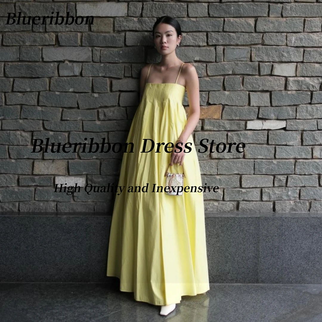 

Blueribbon Birthday Party Women Wear Spaghetti Strapless Prom Dresses Long Ruched A Line Wedding Guests Formal Evening Gowns