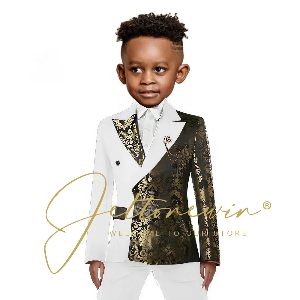 Black Gold Floral Boys Suit Jacket Pants 2 Pieces Wedding Tuxedo Kids Blazer Set Slim Fit Double Breasted Clothes for Child