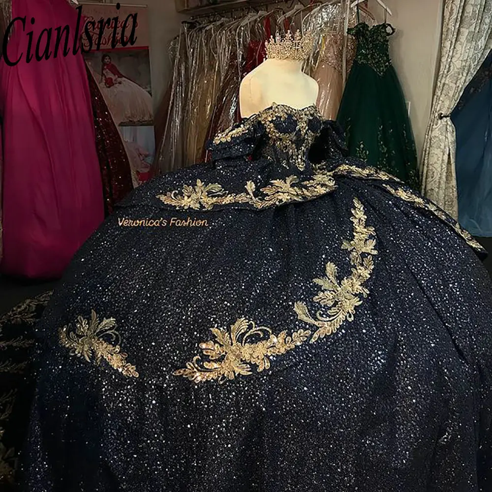 Black Glitter Crystal Ruffles Quinceanera Dresses Ball Gown Gold Appliques Lace Customized Corset Vestidos De XV Anos