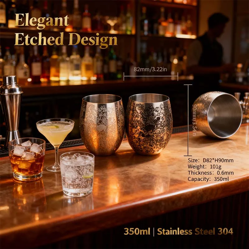 350ml Stainless Steel Stemless Wine Glass Etched Pattern Metal Tumbler Without Handle Stemless Martini Cup for Bar Home Party