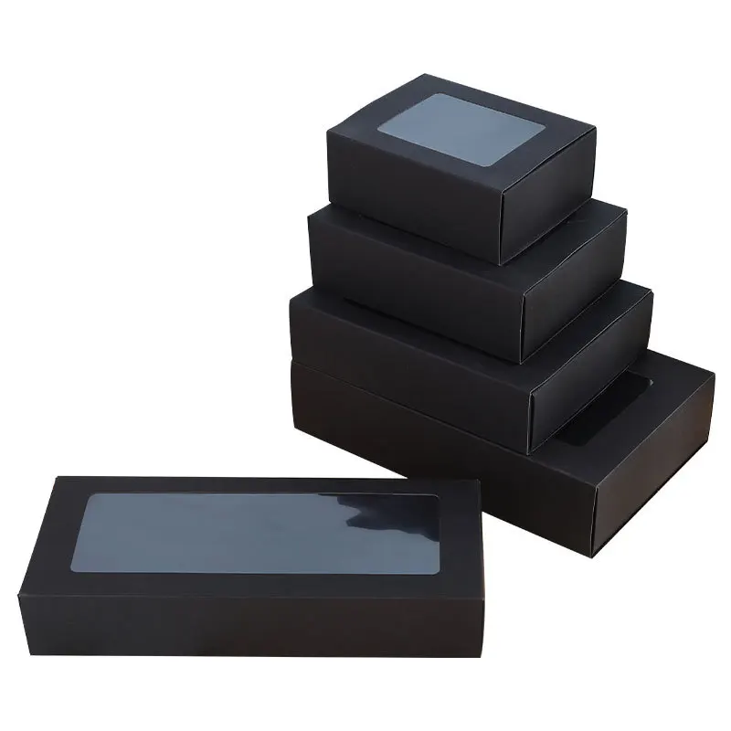 100Pcs/Lot Black Cardboard Boxes Drawer Slide Packaging Box With PVC Clear Window DIY Gift Box Wholesale