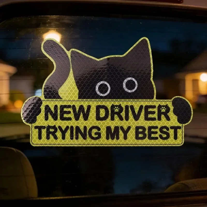 3Pcs New Driver Reflective Vinyl Sticker, Black Cat Self-adhesive Auto Decal, Beginner Student Driving Tips Car Body Decor