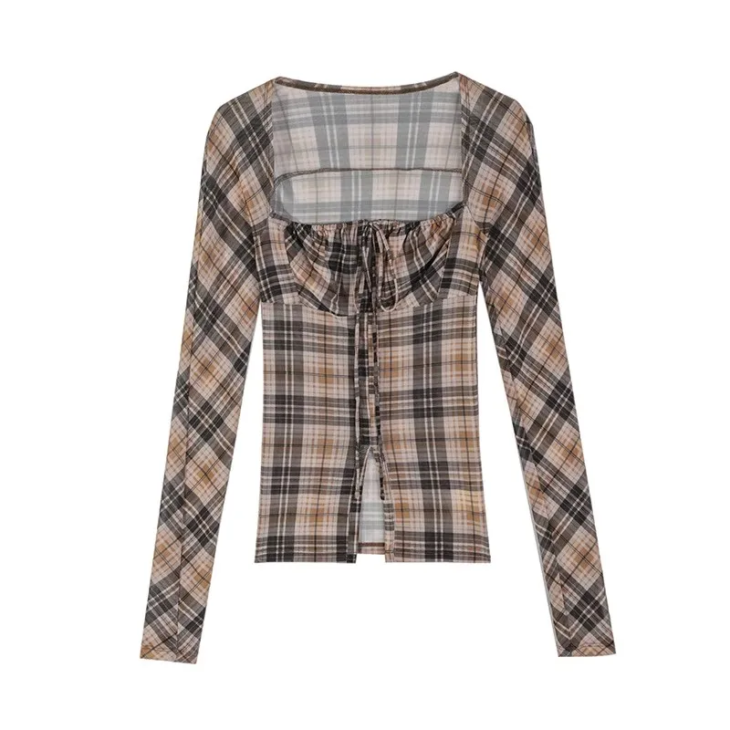 Checkered Square Collar Mesh Shirt for Women Summer Slim Fit Long Sleeved T-Shirt Top Retro Elastic Sexy Bodysuits