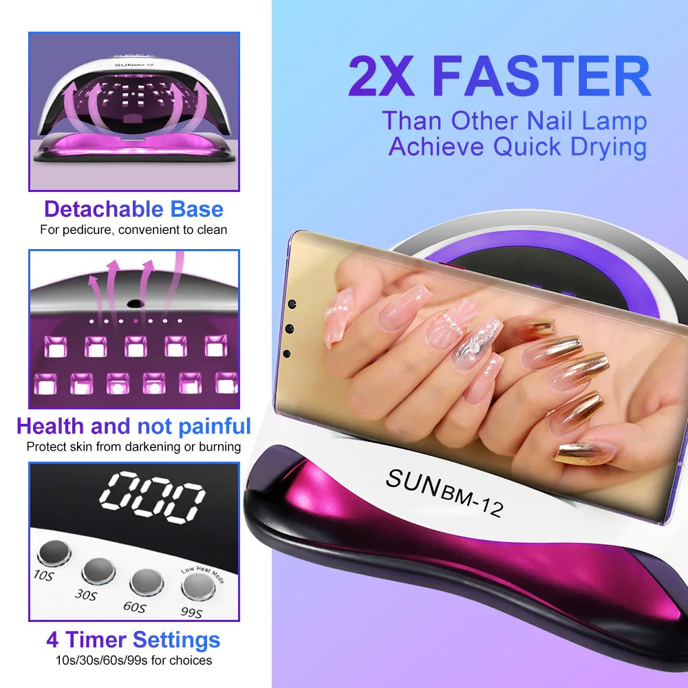 UV ランププロフェッショナル高速ネイルドライヤーネイルジェル硬化用 4 タイマーポータブルハンドル、自動センサー 42 ライトビーズ SUN BM12