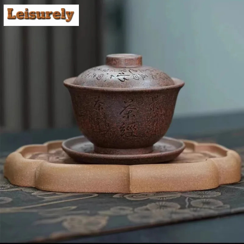 150ml Authentic Yixing Purple Clay Cover Bowl Master Handmade Engrave Gaiwan Raw Ore Dragon Bone Gold Sand Tea Tureen Wood-fired