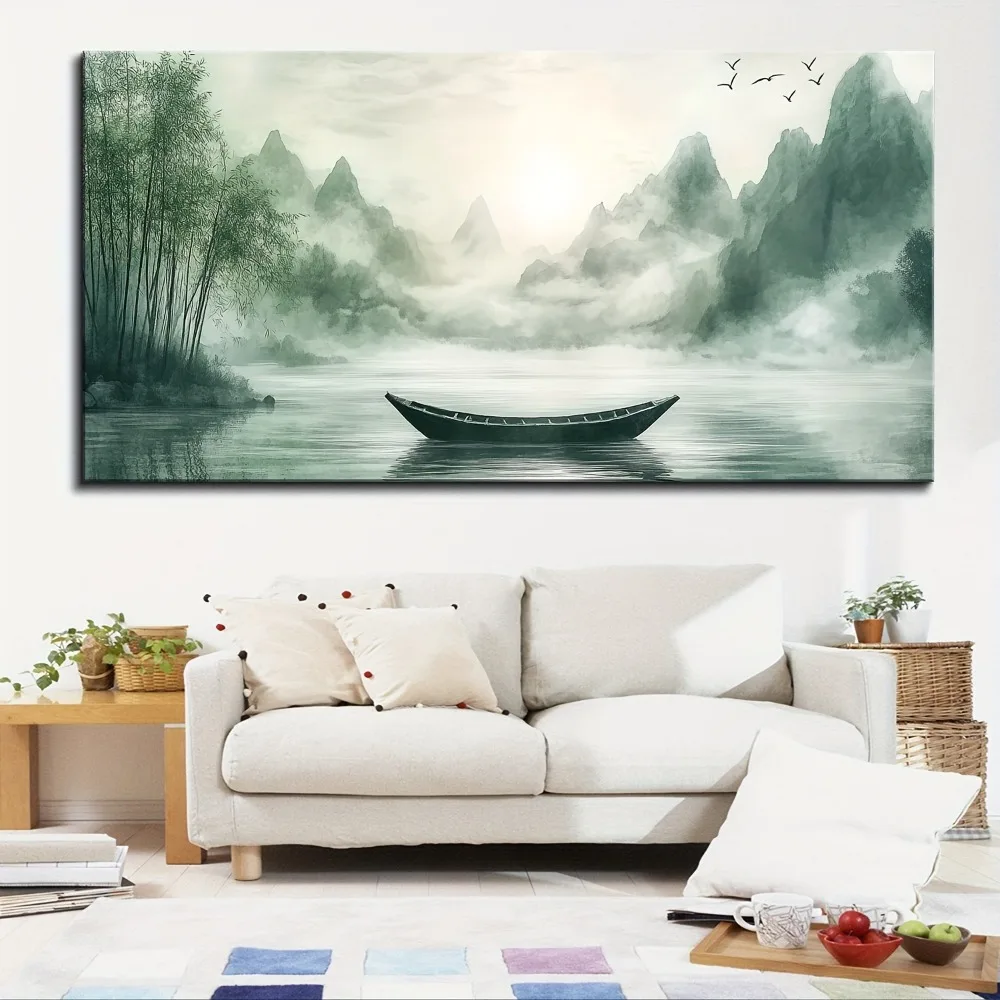 1.5 inch thick pine solid wood frame,Chinese landscape painting,black and white landscape mural,for living room and bedroom