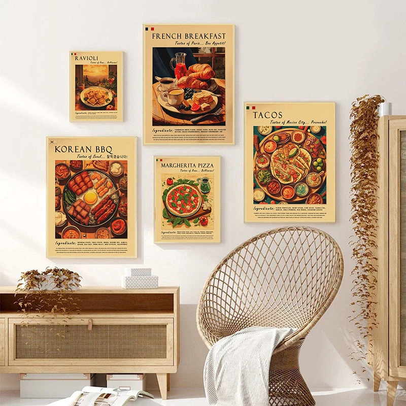 Retro Italian Japanese Thai Food Pizza Sushi Paella Poster Wall Pictures Home Kitchen Decor Housewarming Gift