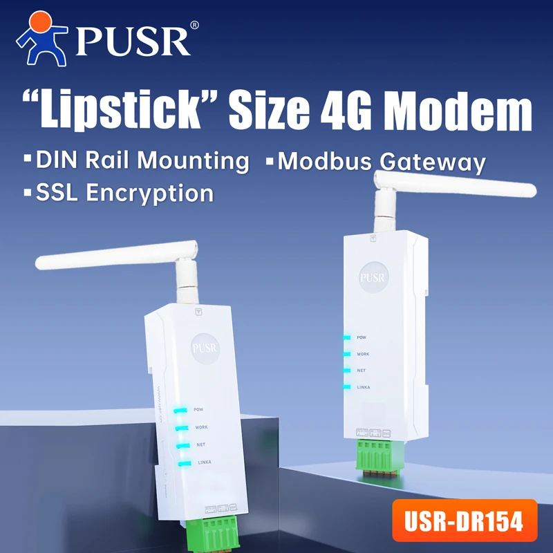 PUSR Industrial 4G LTE Modem with SIM Card Serial to Wireless RS485 to 4G Converter Modbus Gateway TCP/UDP/HTTP/MQTT/SSL DR154