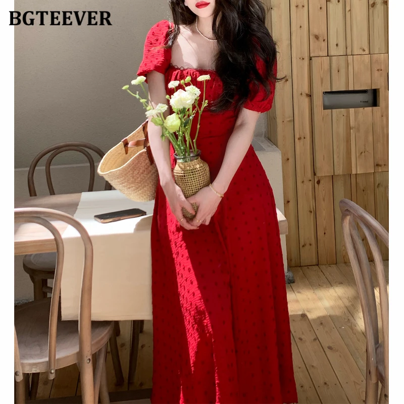 

BGTEEVER Vintage Puff Sleeve Female A-line Printed Dress Summer Square Collar Women Slim Waist Mid-Length Dress Ladies Vestidos