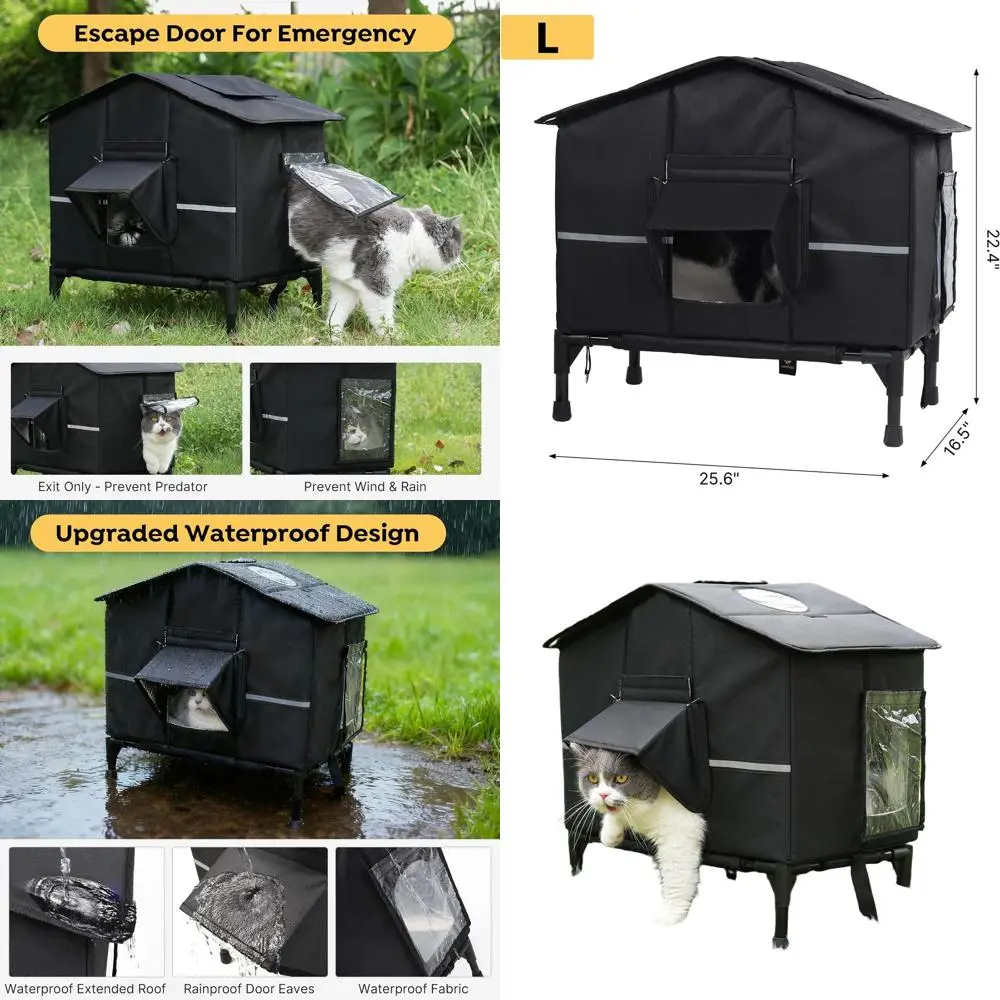

Укрытое изолированное укрытие для кошек на открытом воздухе с приподнятым основанием, водонепроницаемым карнизом и эвакуационной дверью для кошек-ферралов, 20,9x13x22,4 дюйма