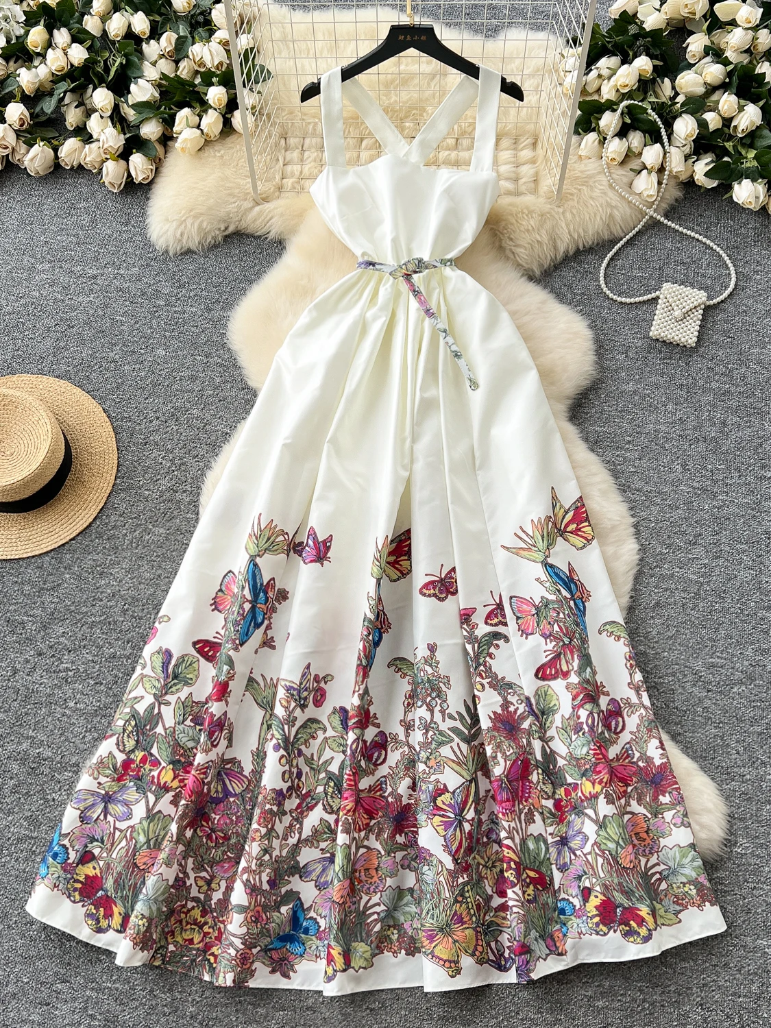 

Japan Style Elegant Vintage Floral White Dress Women Summer Sleeveless Spaghetti Strap Backless Long Dress Evening Party Dresses