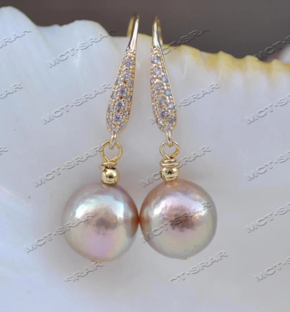 

Z11590 A++ 11mm Champagne-Gold Round KESHI Edison Pearl CZ Dangle Earring