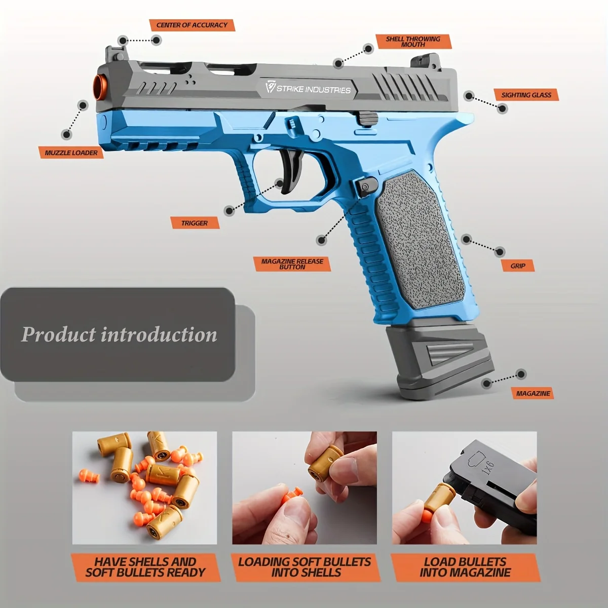 Soft Bullet Gun ปืนของเล่น 100 กระสุน, 12 เปลือกหอย, และ 2 นิตยสารใหม่ของเล่นปืนพก Hollow เครื่องแขวน, ของเล่นโฟม Blas