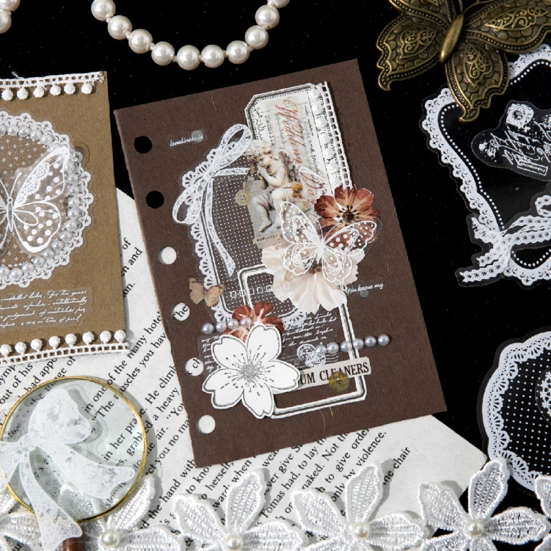 Journal GO 20pcs Island Dream Kawaii Lace Flower Frame PET Stickers DIY Diary Scrapbook Aesthetic Stationery Collage Junk Jornal